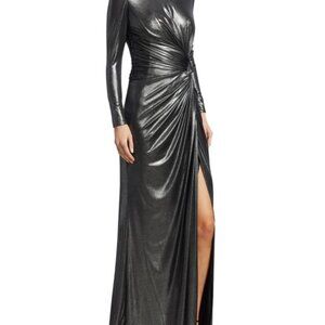 Rene Ruiz Collection Ruched Side Slit Patent Glitter Long-Sleeve Gown